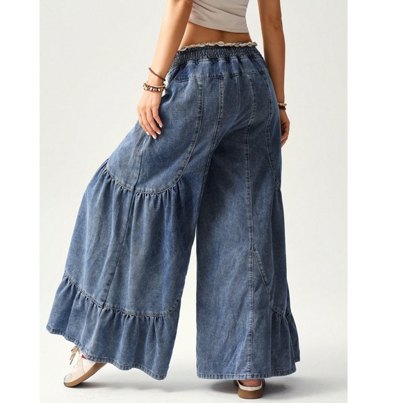 Plus Boho Medium Wash Stretchy Waist Wide Leg Denim Pants - Picture 5 of 5